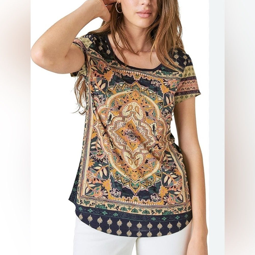 Lucky Brand Navy Multicolor Medallion Print Short Sleeve Top